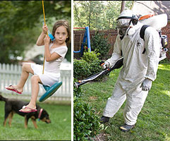 The heavily clad bugsprayer and the child who plays in that yard. Photos by Mark Finkenstaedt for the Washington Post