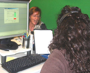 Ginny records a podcast with Cherri Pitzer at the Times Union in Jacksonville.
